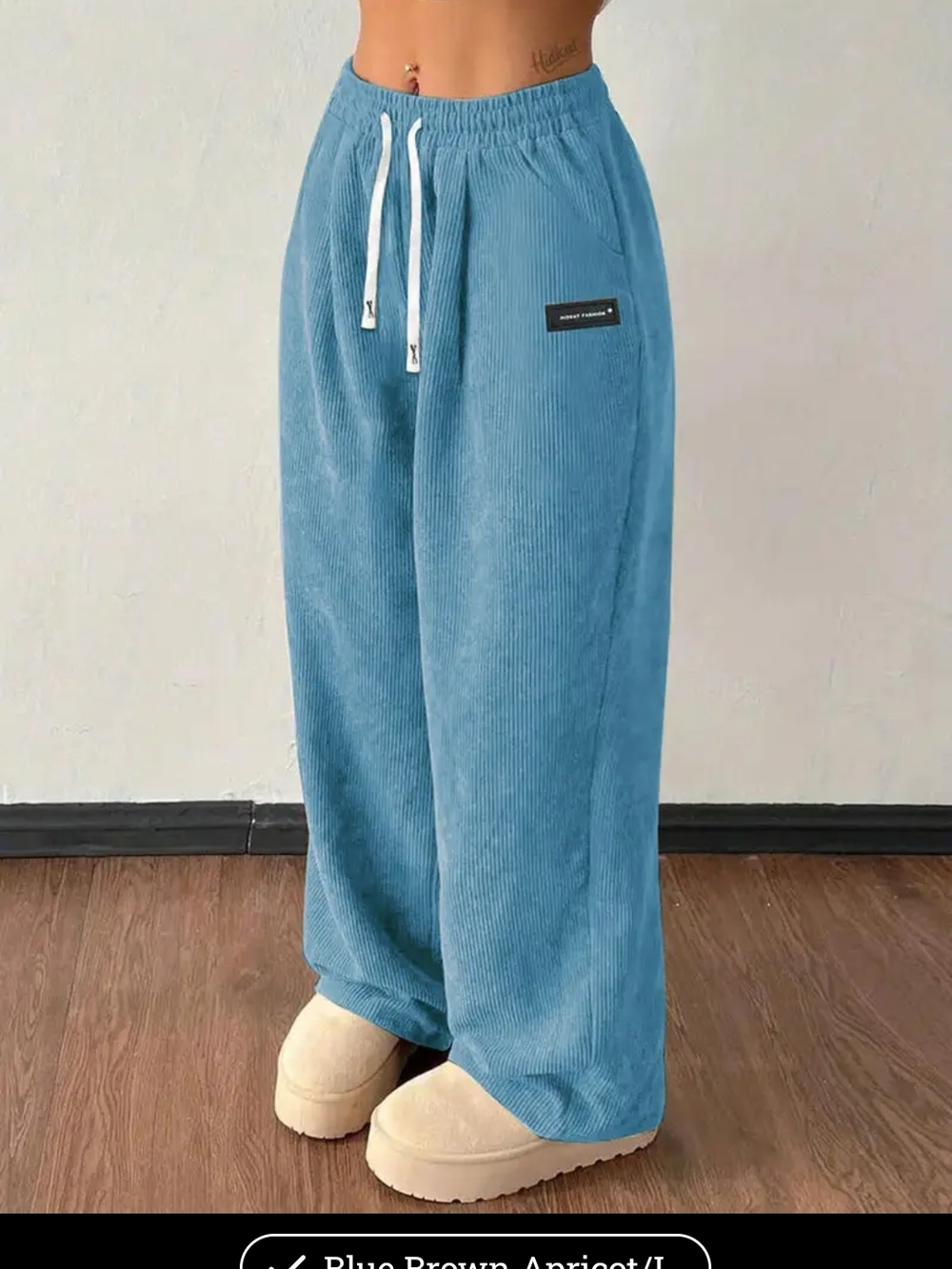 Wide-Leg Corduroy Drawstring Pants - Blue